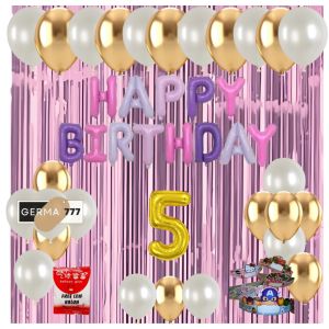 Set Pesta Dekorasi Pesta Ulang Tahun Anak Banner Foil Cetak Happy Birthday Ungu Balon Gold Putih