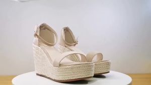 New wedge thick bottom woven  rope waterproof platform 12cm buckle high heel womens shoes㏇X0415
