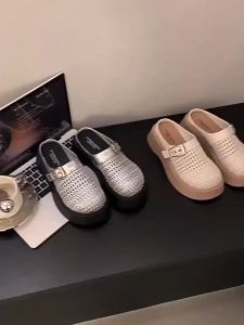 [Free Shipping] Thick-Soled Height-Increasing Closed-Toe Sandals For Women 2026 Summer New Style Slip-On Breathable Half-Slipper Design Mesh Upper