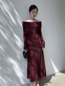 Miyake High-end pleated dress with shiny fabric elegant off-shoulder design #1874