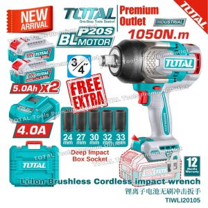 TOTAL Tools 20V series 1050Nm Brushless motor Cordless high torque impact wrench ¾" (Full set) - TIWLI20105