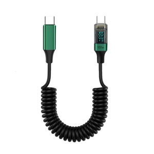 Spring Coiled USB C Cable 100W Rapid Charging Cable Speed Data Sync LED Display for Laptop Smartphones Phones