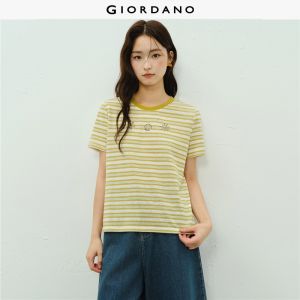 Giordano Women Sea life embroidery striped short sleeve tee Free Shipping 18326816