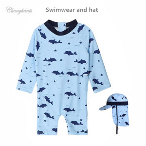 Swimming Outfit for Kids Boys Long Sleeve Rash Guard Swimming Suit for Children Baby One Piece Swimsuit with Sunny Hat Light Blue with Dolphins Pattern