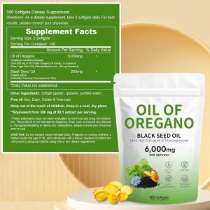 Oil of Oregano Softgels with Black Seed Oil& Thymoquinone 300 Count 6000mg Non-GMO 2 in 1 Formulated with 4X Strength Carvacro Gluten-Free Plant Based