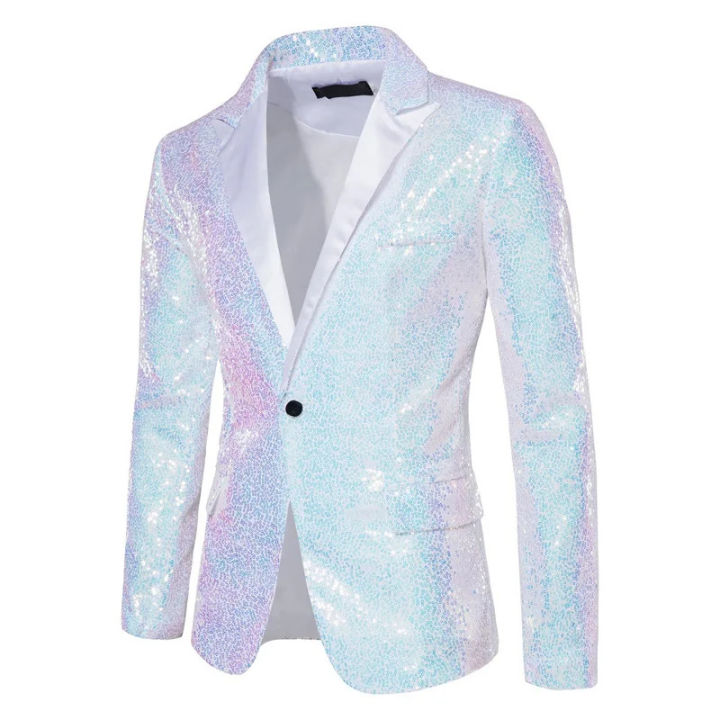 Shiny white sequin glitter blazer suit jacket men one button peak collar  tuxedo blazers party wedding prom dinner costume Homme Lazada PH