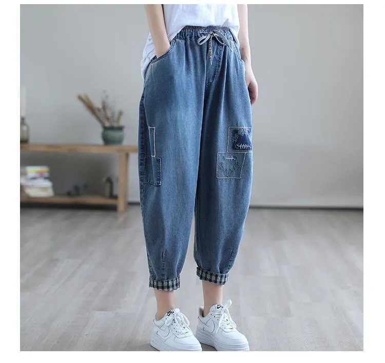 PDGJG Summer Korean Fashion Ladies Vintage Denim Trousers Women Casual  Embroidery Jeans Oversized Ripped Harem Pants 3XL (Color : Blue, Size : XL  Code) : : Clothing, Shoes & Accessories