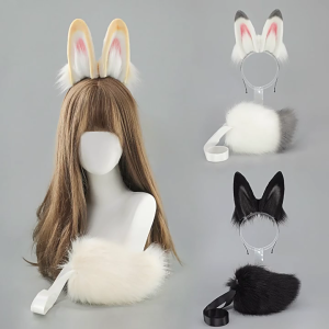 Faux Furs Bunnies Ears Headband Tail Animal Bunnies Costumes for Christmas Halloween Cosplay Party Costume Accessories