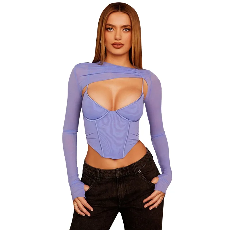 Purple Long Sleeve Crop Top Women Spaghetti Strap Corset Top Summer Sexy  Mesh Cami Top Y2K Two Piece Set Club Outfits