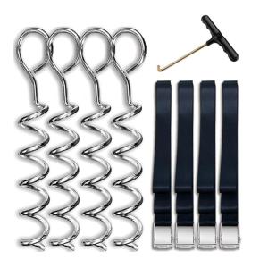 4Pcs Corkscrew Shape Trampoline Stakes Tie Down Spirals Ground Anchors Stakes with Strap for Trampolines Swings Garden