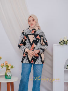 Rhena Kemeja Wanita Lengan Panjang Motif Bunga Kecil Bahan Wolfice Monalisa Size L XL XXL XXXL