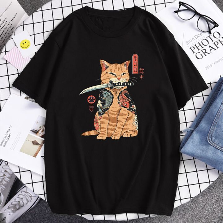 Japanese Anime T shirt Samurai Cat Warrior Print Men Women