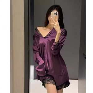 Kemeja Lengan Panjang Wanita Baju Tidur KMJ-9687 Piyama Set Celana Pendek Renda Lace HEBAT FYP PRIMIUN QUALITY