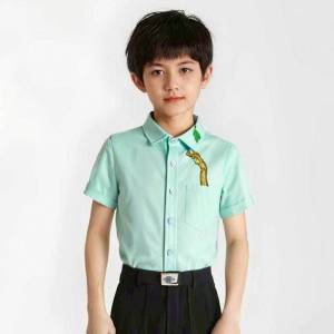 เสื้อเชิ้ตแขนสั้นปักลายยีราฟ เชิ้ตเด็กผ้าอ็อกฟอร์ด