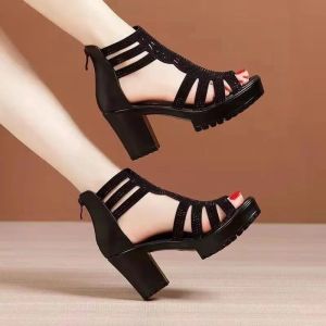 Fashionable And Elegant Banquet High Heels WomenS Shoes Round Toe Square Heel Fish Mouth Rhinestone Zipper Comfortable Sandals