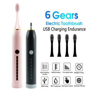 New USB rechargeable electric toothbrush / waterproof design 6-speed sonic mute with 4 pieces of replacement head/Berus Gigi Elektrik/6档调节声波静音软毛学生党电动牙刷