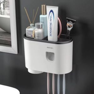 No-Drill Multi-Compartment Toothbrush Holder with Built-In Toothpaste Dispenser Strong Adhesive & No-Drill Installation