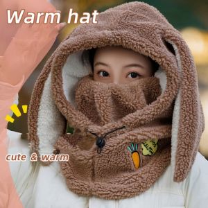 MYCOLOR Drawstring Rabbit Ear Balaclava Hat Solid Color Cartoon s Hood Beanies Soft Neck Warmer Helmet Hat Autumn