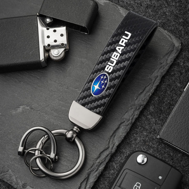 Carbon Fiber Leather Car Keychain Zinc Alloy Key Ring For Subaru
