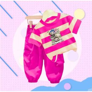Baju anak perempuan Labubu 1-5 tahun Setelan celana cargo kaos salur besar katun lengan pendek