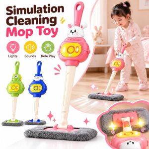 WELLNOW Microfiber Pad Simulation Cleaning Mop Toy Light and Sound Plastic Kids Play Mop Kid Gifts Cartoon Animal Kids Mop Toy Early Learning