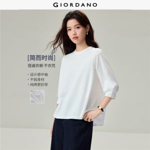 Giordano Beau Monde Women 100% cotton 1/2 lantern sleeve tee Free Shipping 13326603