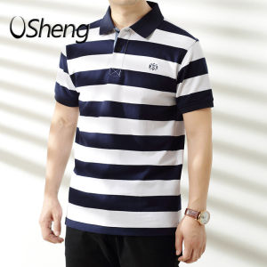 FCOSheng Mens Plus Size Polo Shirt with Lapel Stripes in Navy Red White Blue