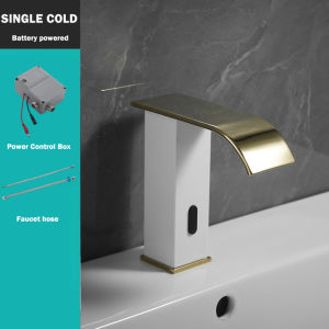 QUITE Smart Sensor Waterfall Basin Faucet New White&Gold Automatic Sensor Faucets Touchless Sink Basin Single Cold Water Tap