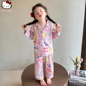 Christmas gifts Halloween Kawaii Hello Kitty Child Pajamas Sanrio Long Sleeve Thin Edition Anime Girls Home Clothes Spring Autumn Cartoon Cardigan Set