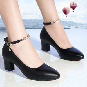 Leather Close Round Toe Heels for Women Black 2 Inches