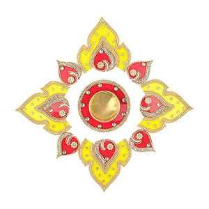 Traditional Reusable Handcrafted Acrylic Rangoli and Tealight Holder | Beautiful Festive Home Decor | Diwali Decoration with Studded Stones (Pack of 1 | Red and Yellow)