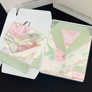 Spring and Summer New Retro Ice Silk Pajamas Womens Thin Short Sleeve Flower Ice Silk Pajama Set Luxury Youth Womens Homewear