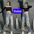 QUẦN JEANS CHẤT BÒ ỐNG RỘNG NỮ LƯNG CẠP CAO IN HÌNH GẤU HOT TREND 2024 - DUBAI FASHION. 
