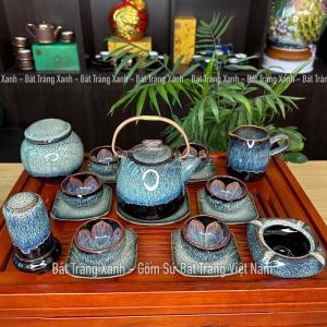 Bộ Ấm Chén Siêu Xanh Thiên Thanh - Bộ Ấm Thiên Thanh Dáng Nơm - Bộ Ấm Trà Men Hoả Biến Bát Tràng Cao Cấp