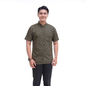 Kemeja Pria Motif Print Abstrak Bahan Kain Katun Lengan Pendek Green Denim