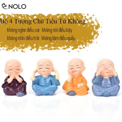 Bộ 4 Tượng Chú Tiểu Nhà Sư Tứ Không Không Nghe Không Thấy Không Nói Không Làm Điều Xấu Chất Liệu Thạch Cao Tráng Bột Đá