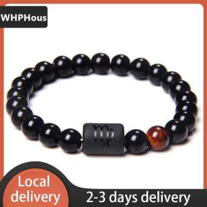 [COD] WHPHous Ship within 24 hours 12 Constellation Zodiac Signs Beads Couple Bracelet Natural Black Onyx Stone Elastic Charm Bracelet for Women Men
