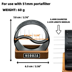 NEOUZA 51mm WDT Tool & Dosing Funnel 2-in-1 7 Concentric Rings Efficient Distribution for Clump-Free Extraction Snap-On Fit 304 Stainless Steel & Beech Wood Base
