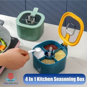 Tempat Bumbu Dapur 4 in 1 Kotak Bumbu Masak 4 Sekat Wadah Penyimpanan Garam Gula Vetsin Free Sendok Aesthetic Seasoning Box