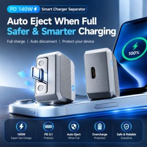 MIRELINA Tự động đẩy ra Bộ chuyển đổi USB-C tự động ngắt kết nối Phát hiện khi pin đã sạc đầy. 140W hỗ trợ sạc nhanh PD3.1. Bộ phận đẩy tự động khi sạc Ngắt kết nối vật lý. Nhẹ Phích cắm ngắt điện khi sạc đầy Sạc điện thoại và laptop
