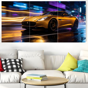 3Pcs Modern Luxury Wall Decoration Set Golden Supercar Race Track Art Print Free Double Sided Tape for Living Room Bedroom Condo Man Cave Wall Decora
