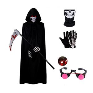 SDASDSF With Glove Halloween Grim Reaper Costume Black Anti-slip Cloak Set Scary Props Not Wrinkle Ghost Reaper Costume Adult Kids