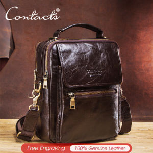 CONTACTS Genuine Leather Men Crossbody Bag  Casual Shoulder Bags New Genuine Leather Male Flap Bags Luxury Brand Messenger Bags for 9.7" iPad
