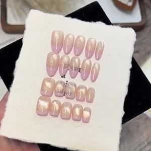 [5in1 Toolkit+HANDMADE]Artificial Nail Simple Flashing Light Bulb French CatS Eye Phototherapy Fake Nail Patch Press On Nails Reusable