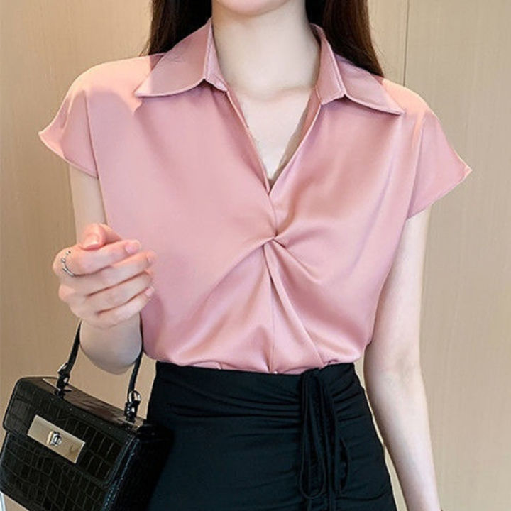 Luxqlo Pink Blouse Women Short Sleeve Office Shirt Korean Style