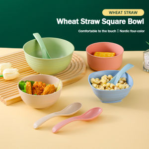 4pcs Wheat Straw Square Bowl Anti-Fall Square Nordic RiceNoodle Fruit Food Bowl Large Microwave Safe Healthy Tableware Plate