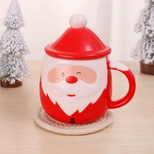 400ML Cartoon Santa Claus Ceramic Mug with Lid Spoon Handle Non-slip Portable Milk Coffee Teacup Christmas and New Year Gifts