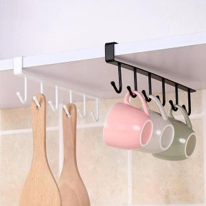 freemarketshop 6 Hooks Cup Holder Hang Kitchen Cabinet Shelf Kitchen Storage Rack Cupboard Hanging Storage Rack Organizer Coffee Cup Organizer Closet Clothes Shelf Hanger Wardrobe Glass Mug Holder