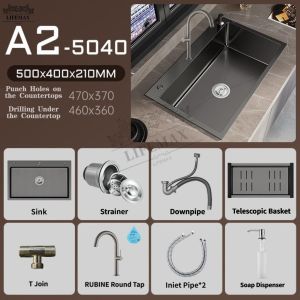 [SG Seller]SUS 304 Stainless Steel Gun Gray Kitchen Nano Sink Household Sink  With Kitchen Faucet Drain AccessoriesFast shipping