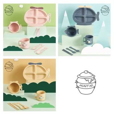 【Ready Stock】6 in 1 Wheat Straw Plastic Baby Kids Children Eating Feeding Dining Meal Set Cute Plate Fork Spoon Bowl Cup Chopsticks